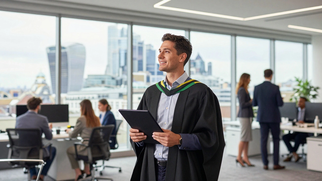 Graduate holding digital diploma in a modern office with city view.