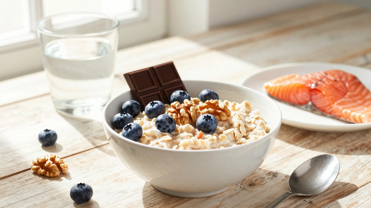 Healthy breakfast with oatmeal, berries, nuts, and water on a table