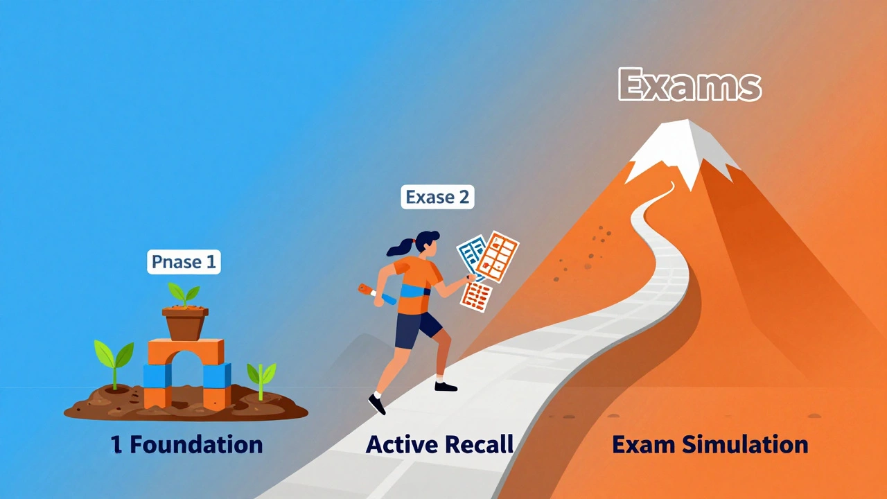 Illustration of three-phase revision timeline leading to exams
