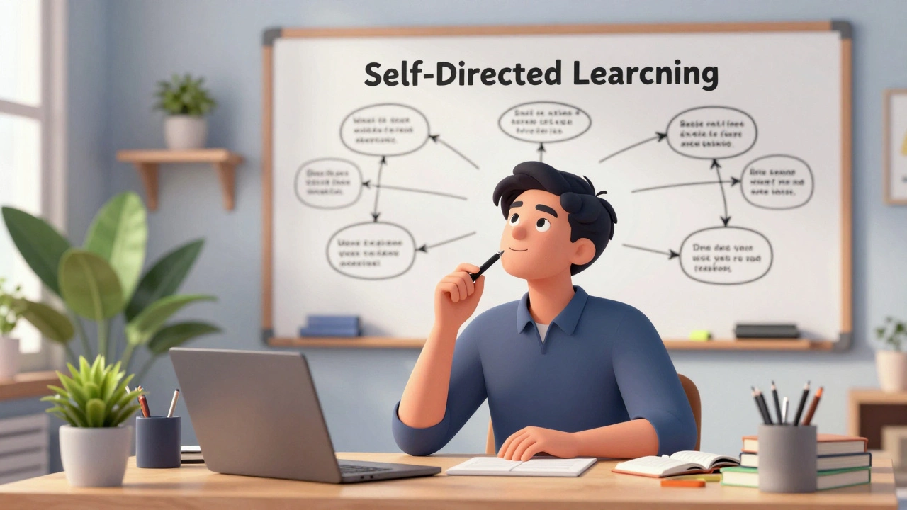 Learner at a desk with mind maps, showing self-directed study