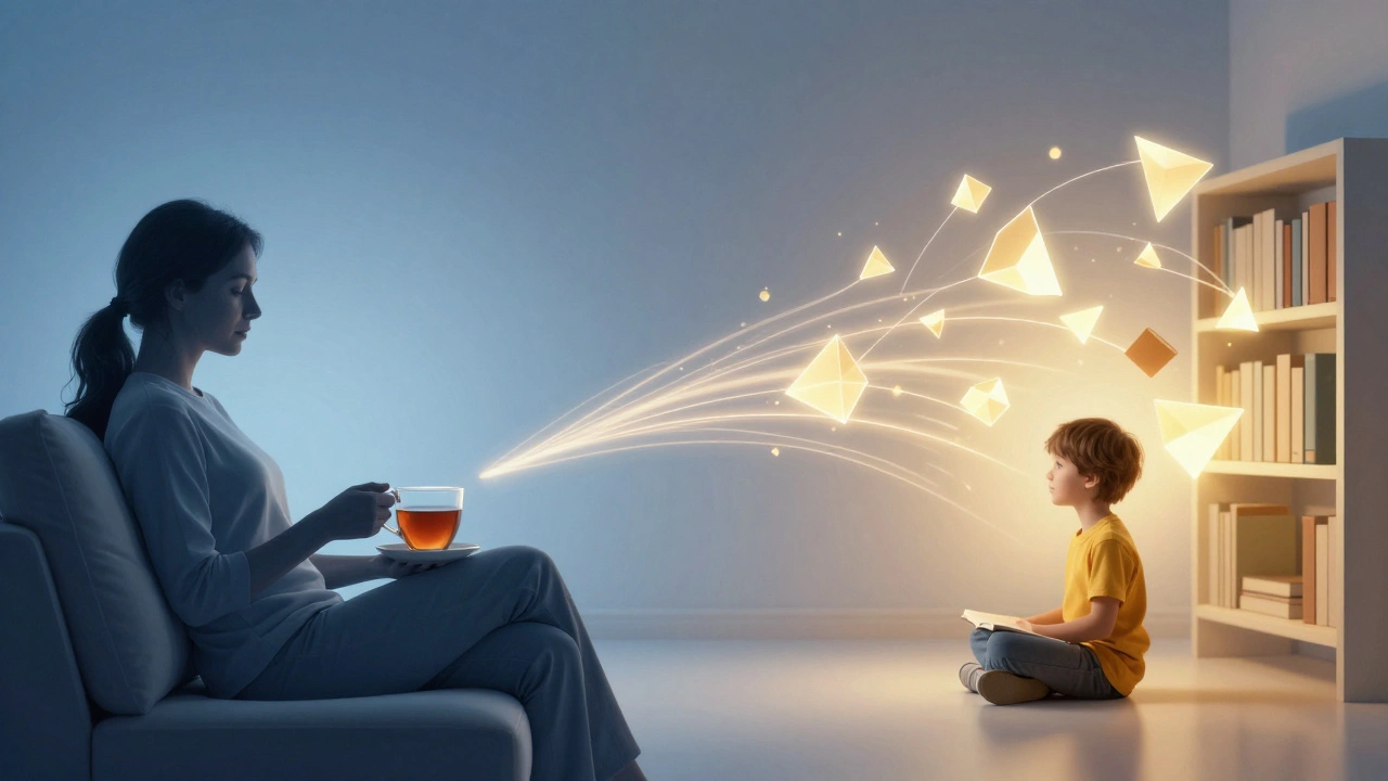 Split image showing relaxed parent and abstract learning flow