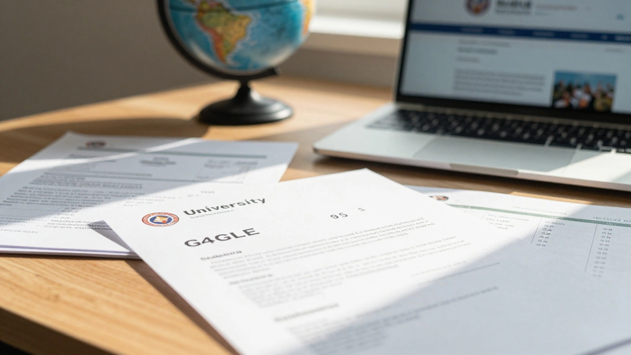 University acceptance letter surrounded by GCSE and AP score reports