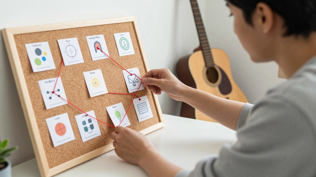 Adult connecting concept cards on a board to visualize associative learning