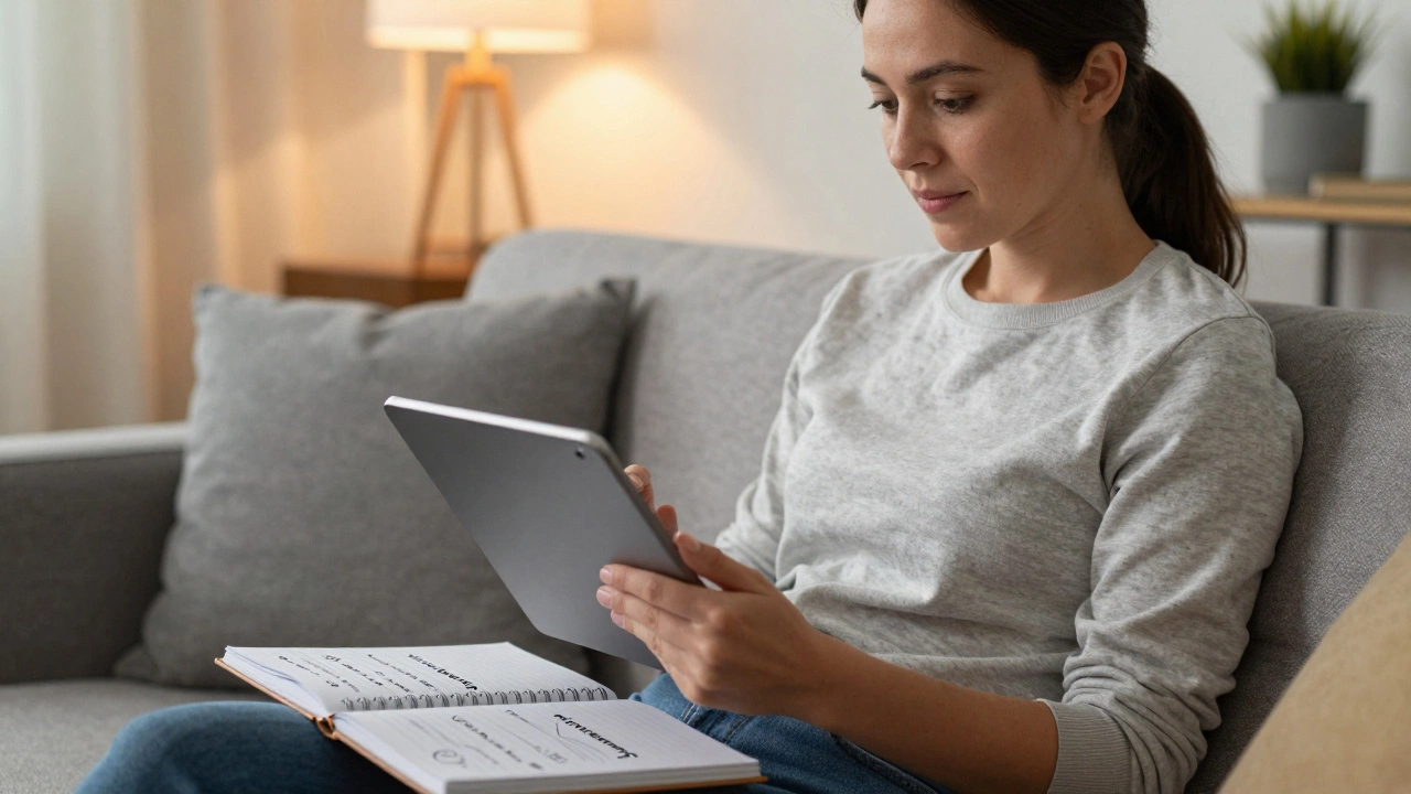 Adult woman studying on tablet in cozy home, practicing microlearning