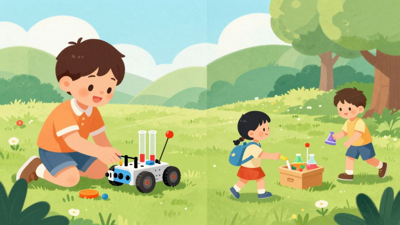 Child balancing enrichment activities with outdoor playtime.
