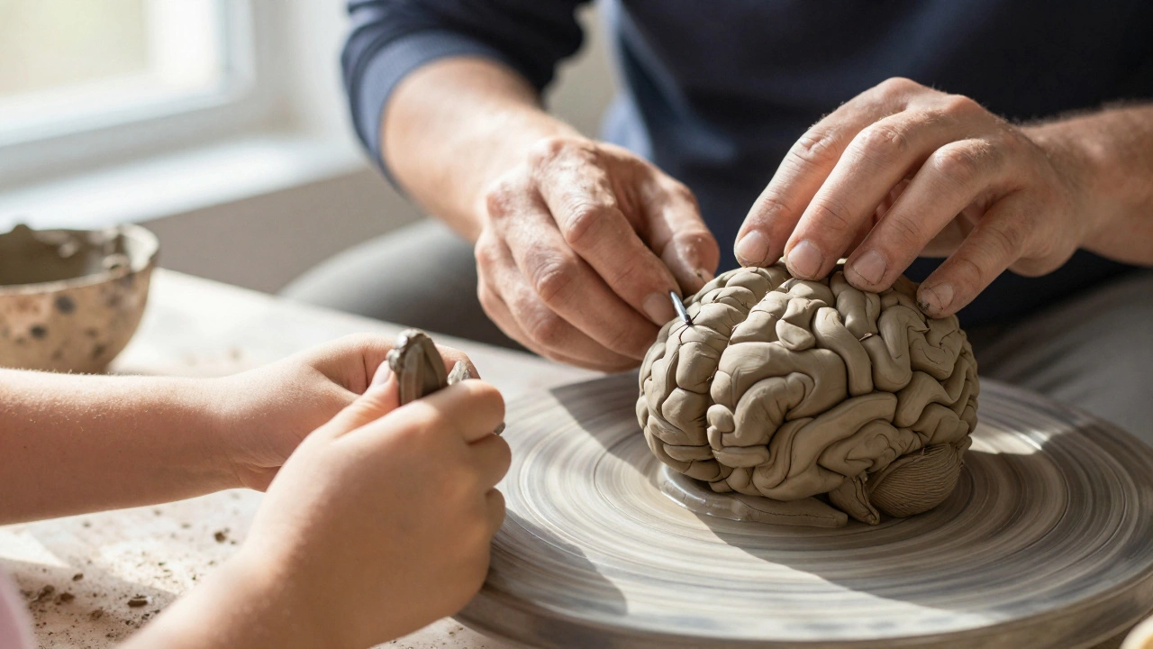 Child shaping wet clay while adult molds hard clay, symbolizing neuroplasticity