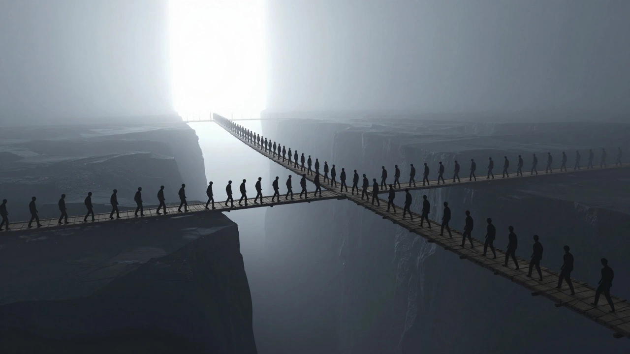 Crowd of students crossing a narrow bridge into bright light