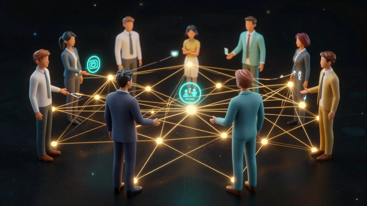 Digital avatars connecting via glowing network lines