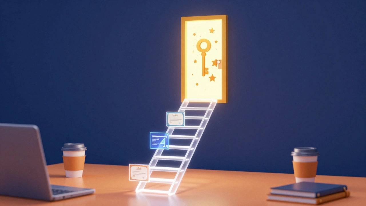 Digital ladder leading to a bright doorway symbolizing career advancement