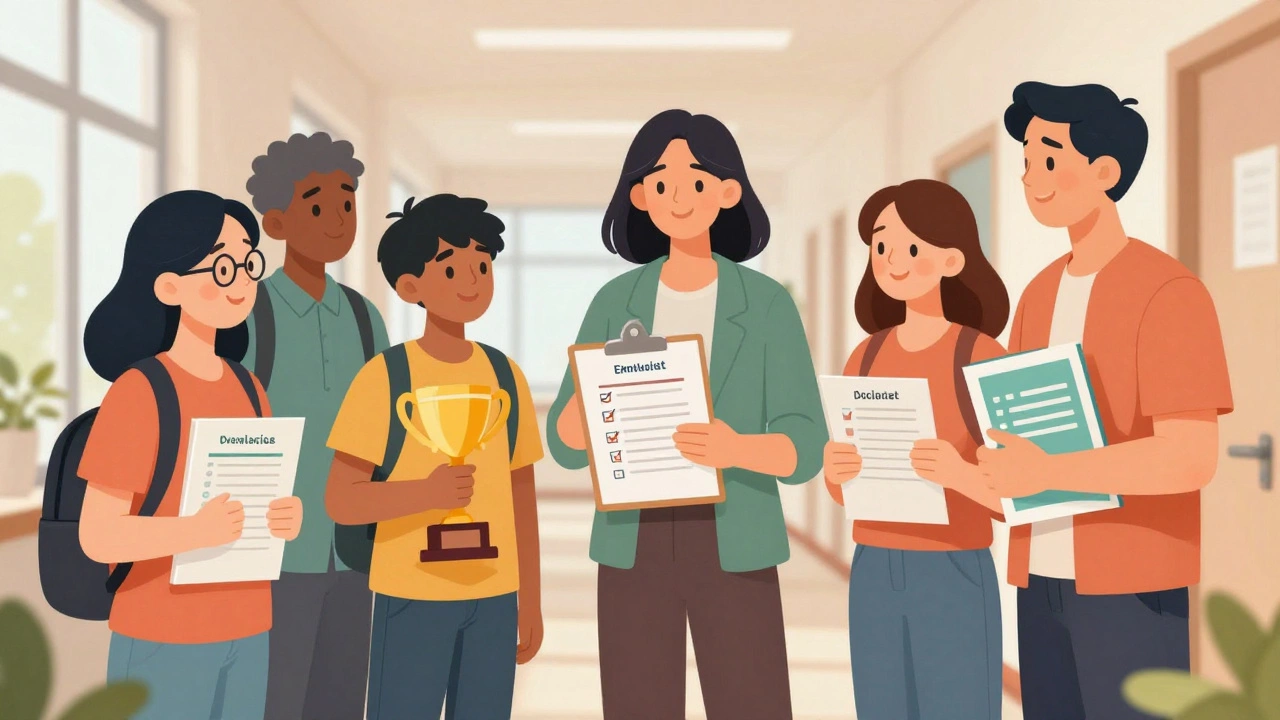 Diverse learners meeting a tutor in a bright, welcoming hallway