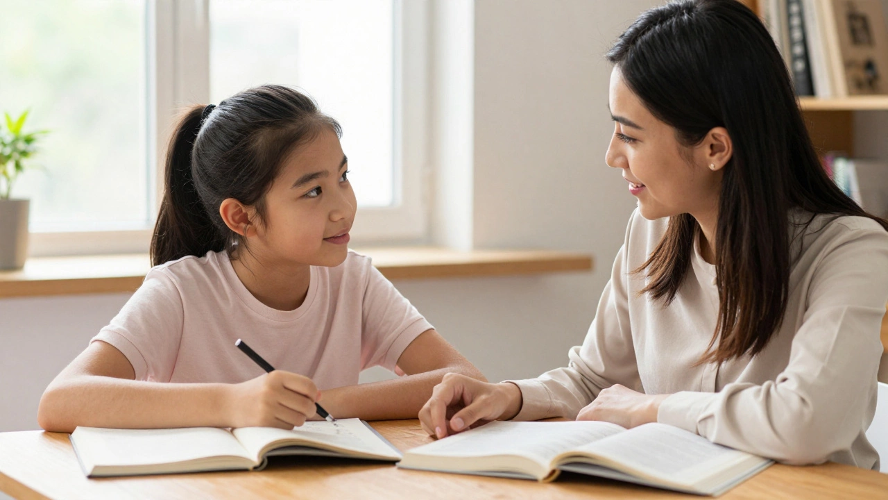Female tutor helping a teenage girl with studies in a warm, cozy room