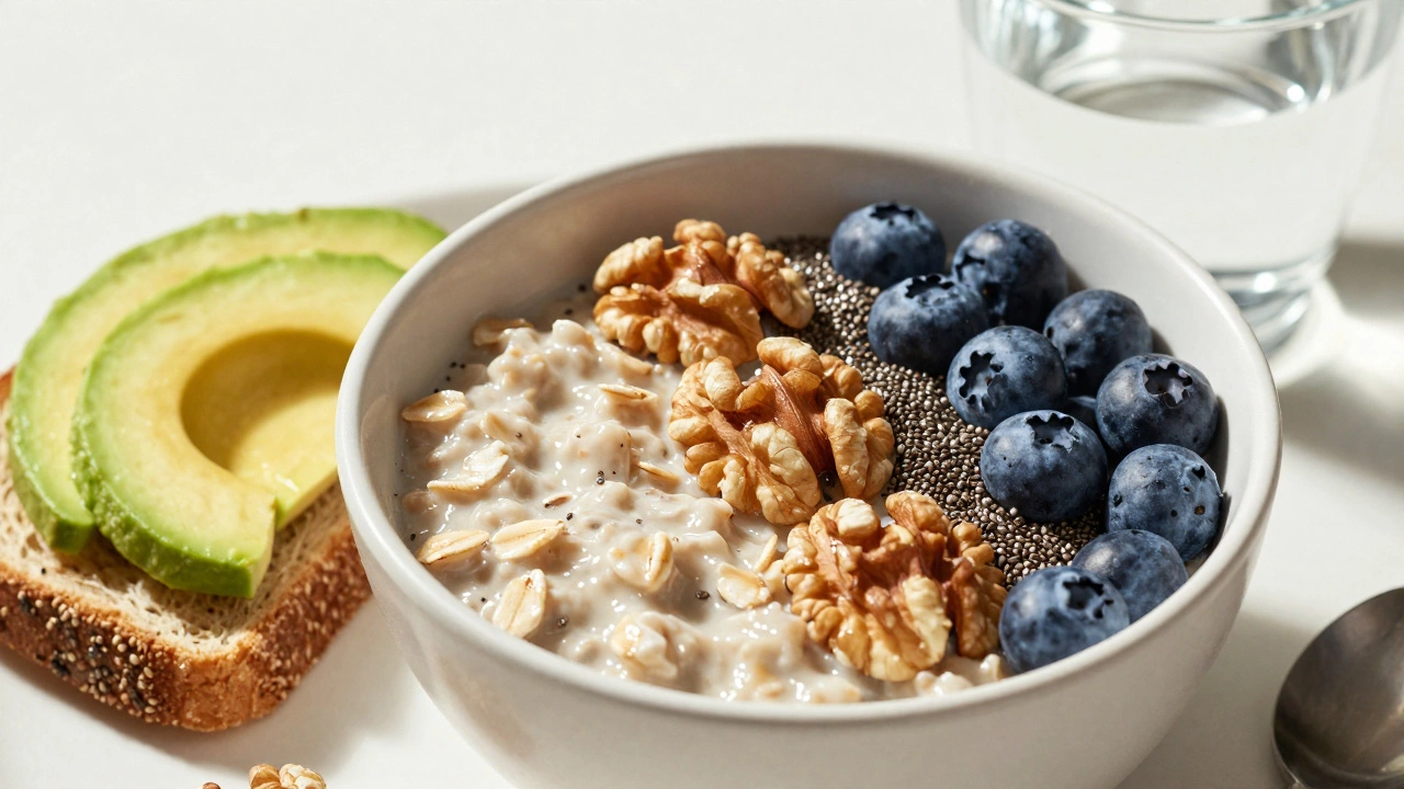 Healthy breakfast with oats, nuts, berries, and water for sustained brain energy.
