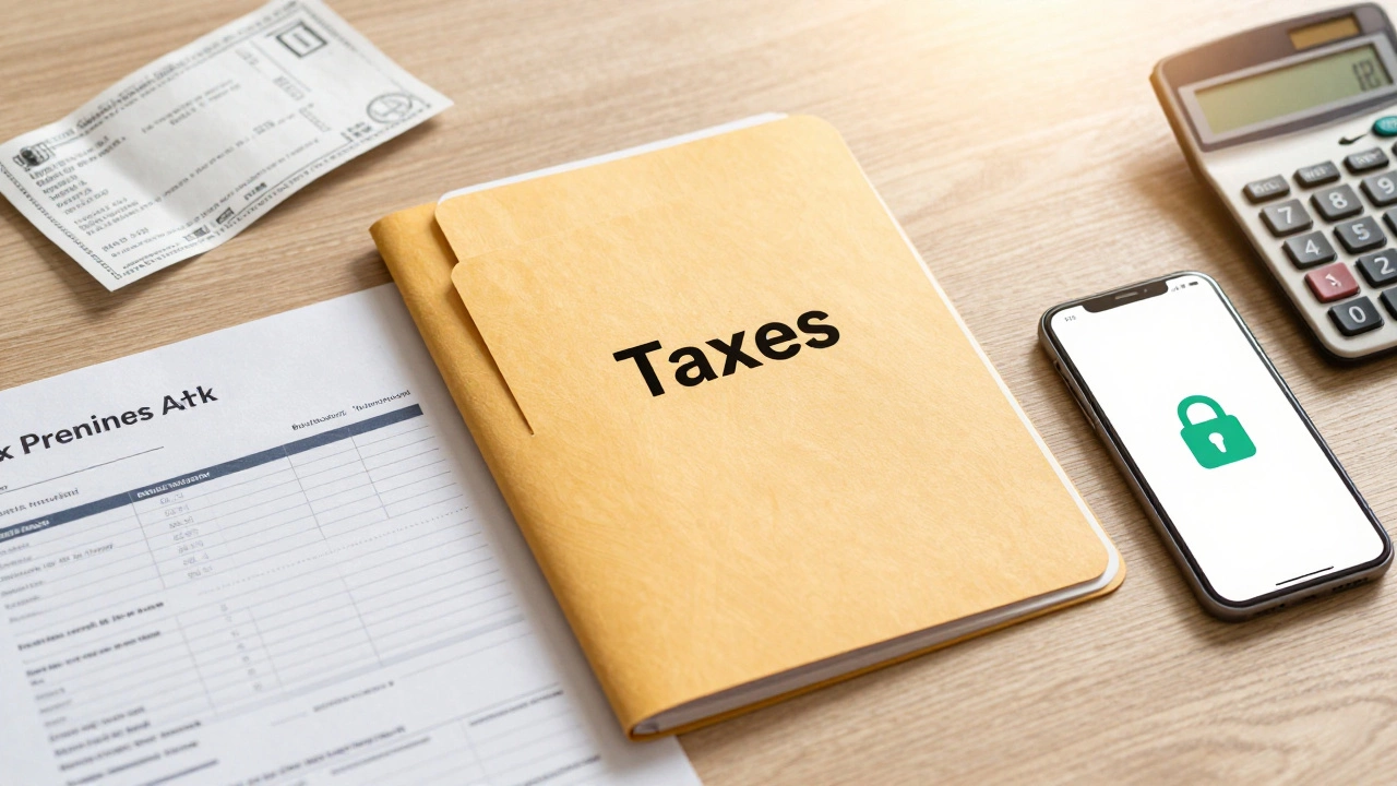 Organized workspace with tax records and safety tools