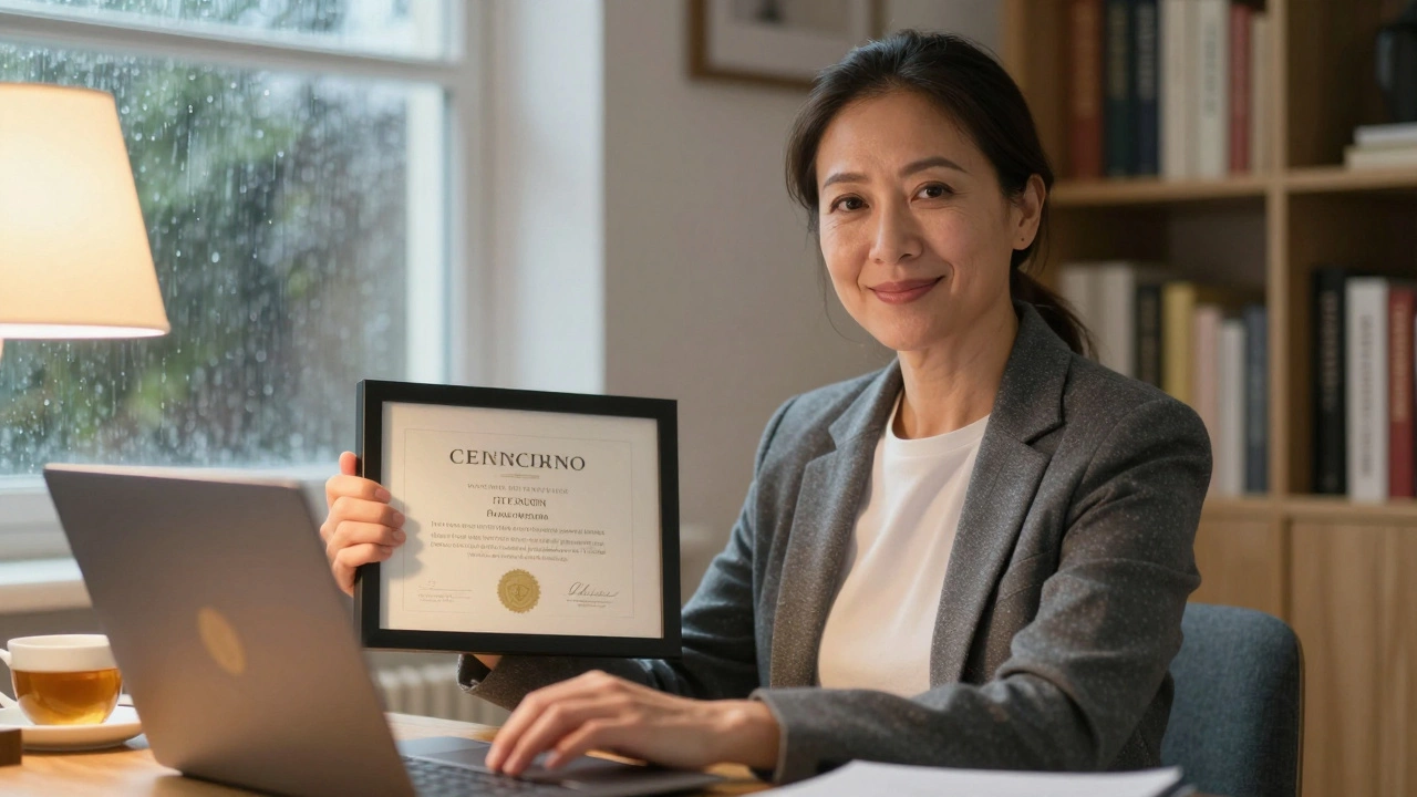 Professional smiling at home holding a certificate near a laptop