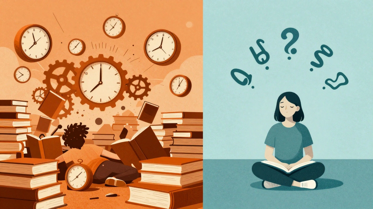 Split image contrasting chaotic study habits with calm focus