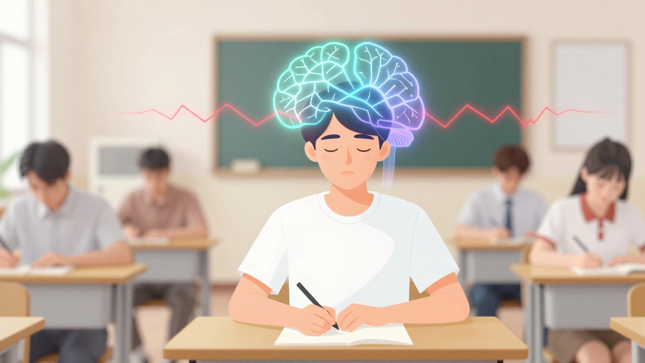 Student practicing deep breathing in an exam hall to reduce stress and improve focus.