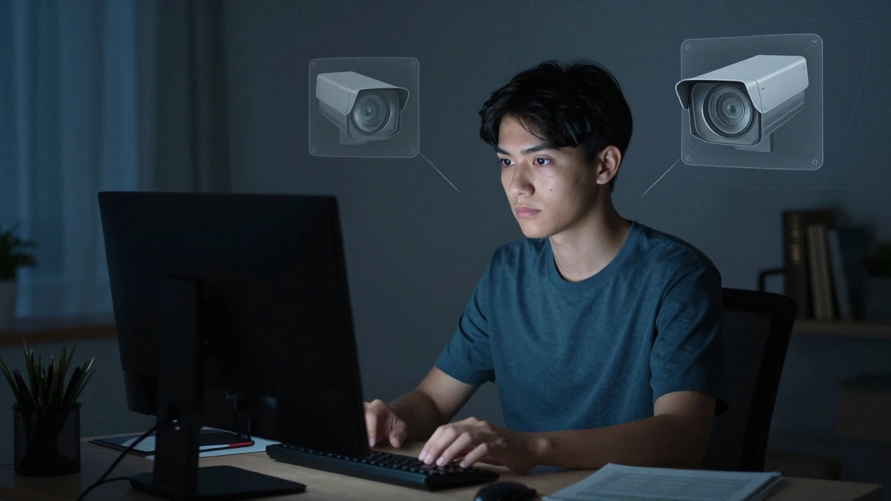 Student taking an exam under remote proctoring software