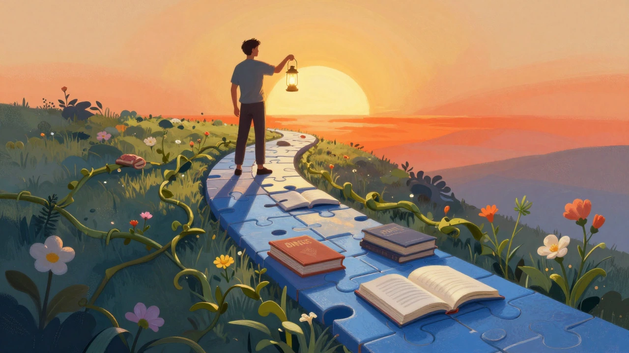 Adult learner on a path of knowledge towards sunrise, symbolizing effective learning strategies