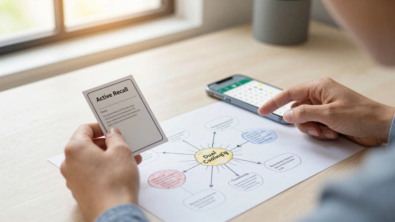 Adult studying with flashcards and mind maps on a sunlit desk