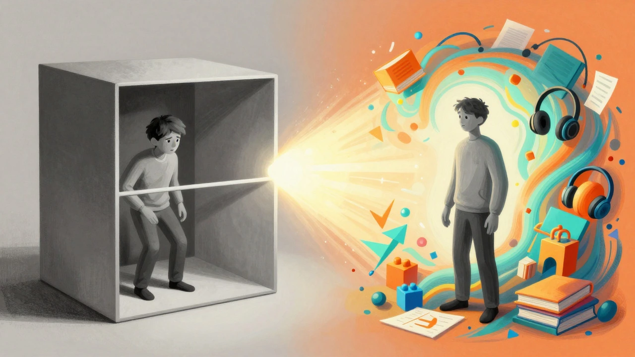 Figure escaping rigid boxes into a vibrant mix of diverse learning tools