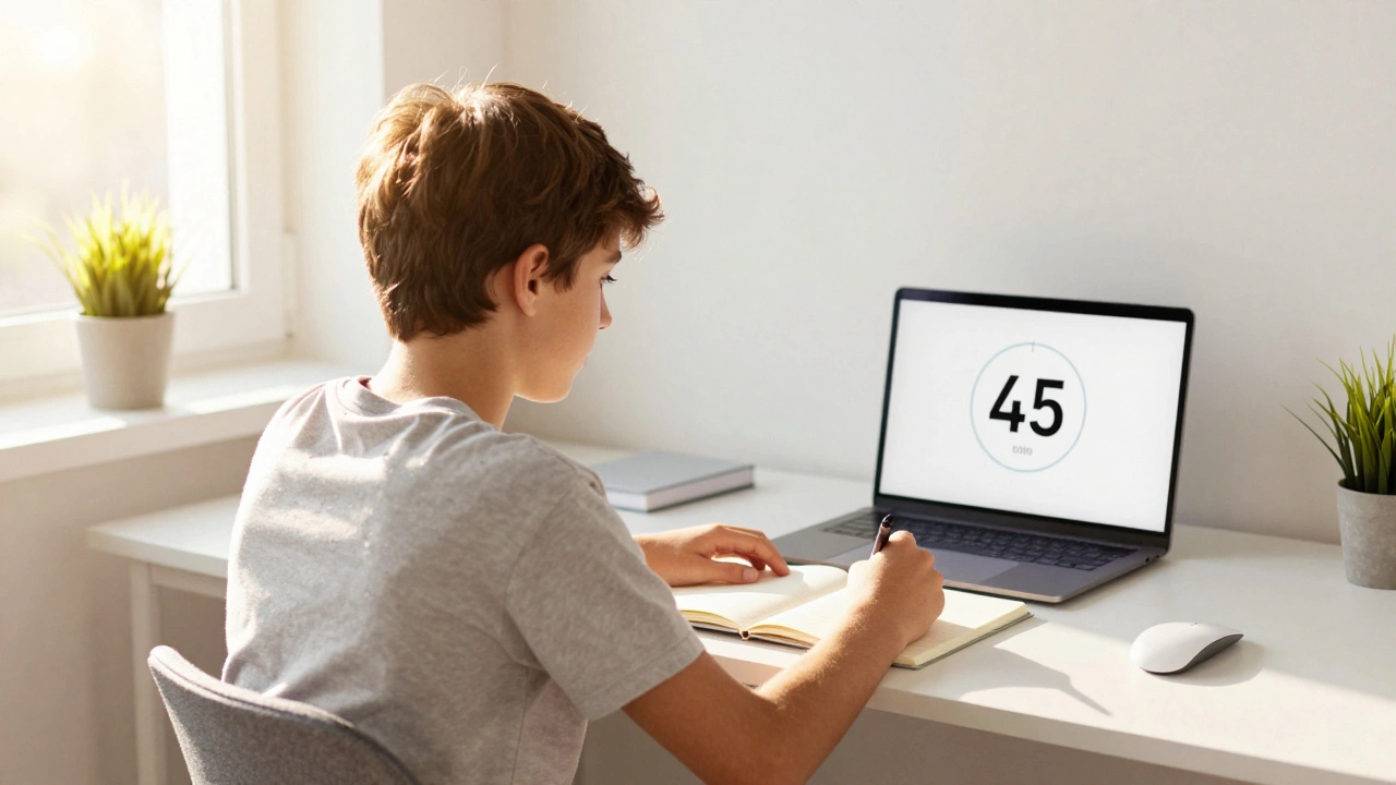 Focused teen studying efficiently at a tidy desk with natural light
