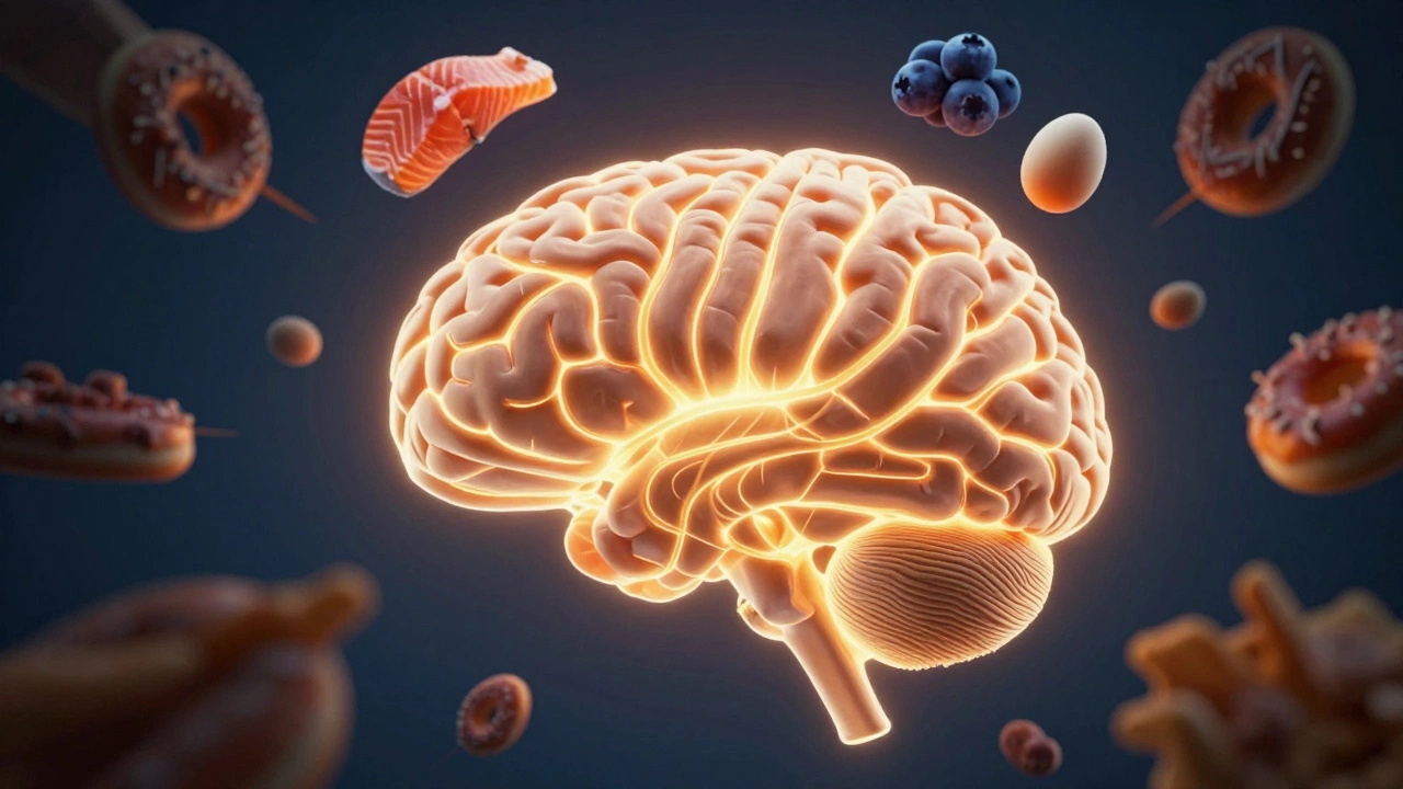 Glowing brain fueled by healthy foods like fish and berries, avoiding sugar