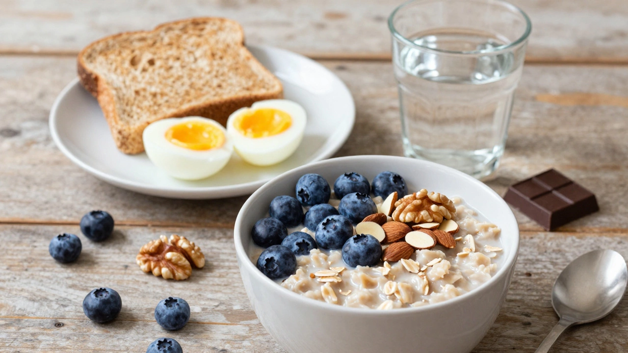 Healthy breakfast with oats, berries, nuts, eggs, and water on a table