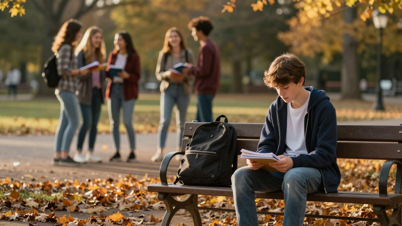Lonely student sitting apart from friends playing in a park