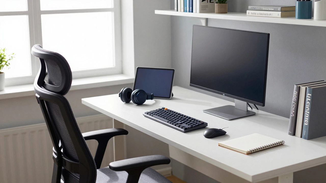 Organized home office setup with ergonomic chair and tech accessories