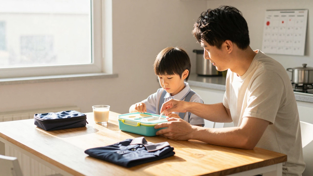 Parent and child preparing for school at breakfast