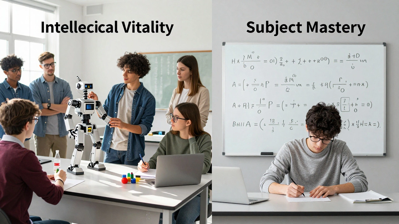 Split image showing collaborative robotics project versus solitary exam prep