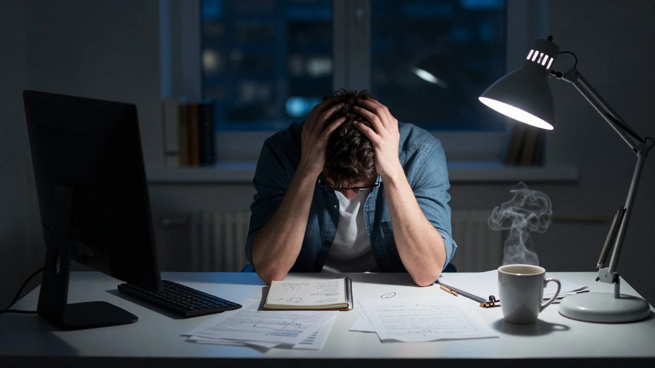 Stressed adult at cluttered desk late at night, overwhelmed by cognitive load and distractions