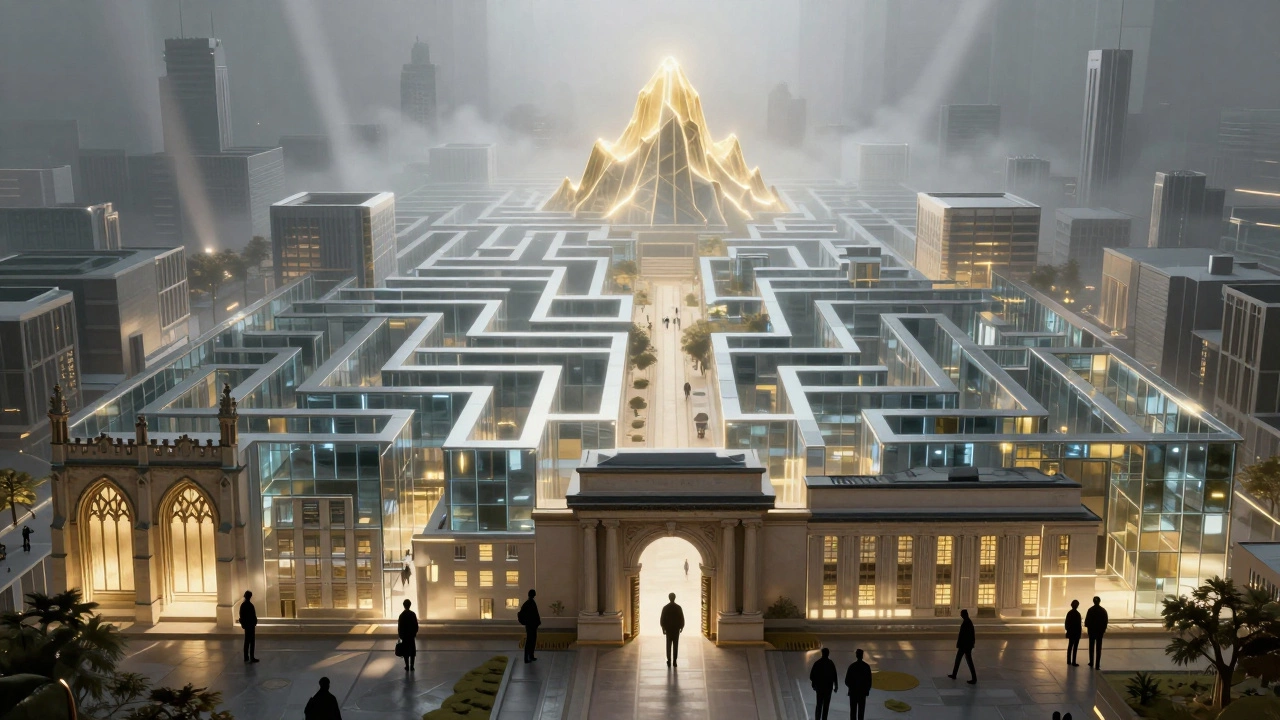 Surreal illustration of students navigating a complex glass labyrinth