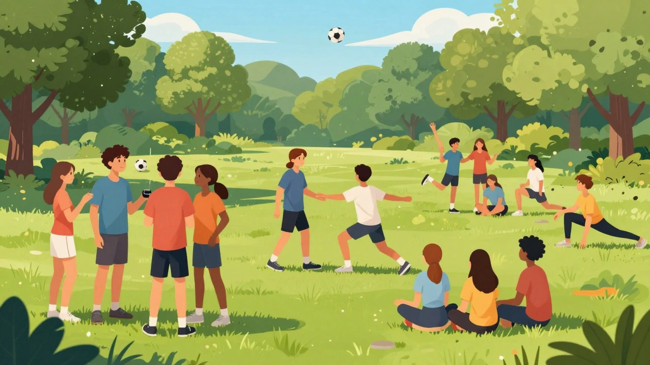 Teenagers playing sports and socializing outdoors in a sunny park