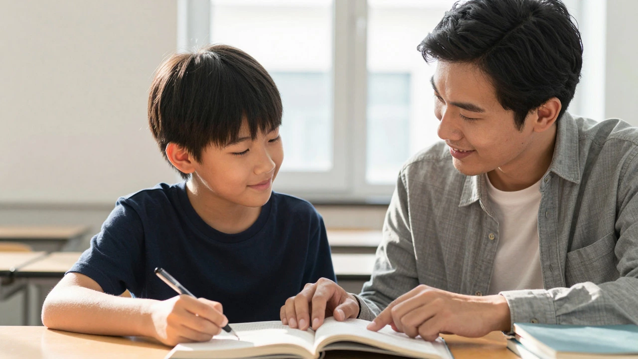 Tutor guiding student hand for independence