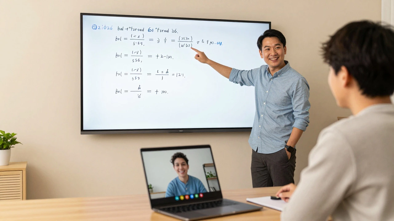 Tutor using an interactive whiteboard with a student while managing remote learners.