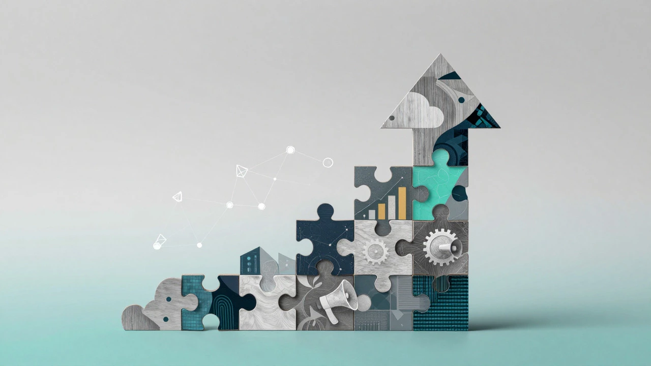 Abstract collage of interlocking skill blocks forming an upward arrow