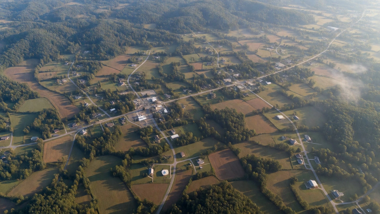 Aerial view of Rockingham County showing scattered schools among towns and farms