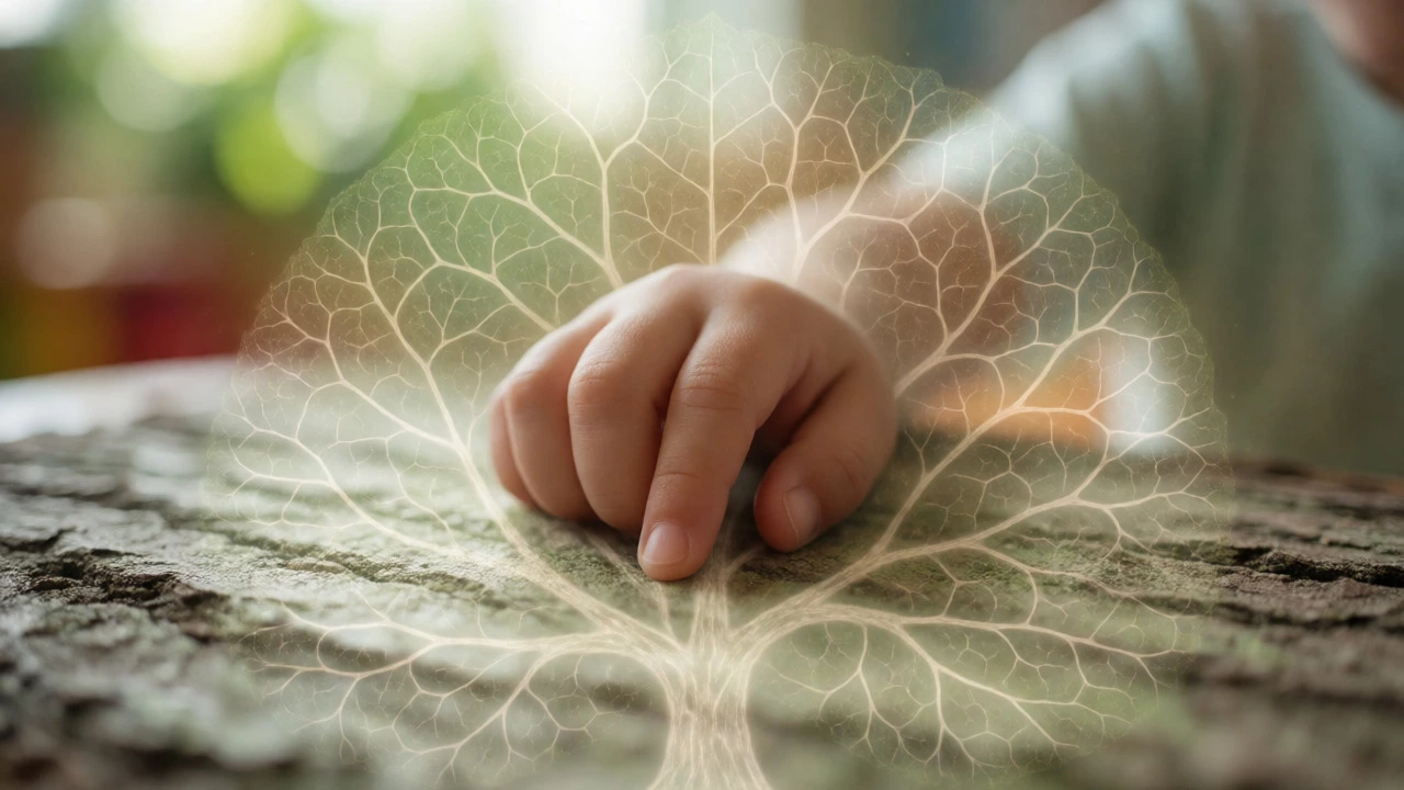 Child's hand touching nature with subtle neural network overlay
