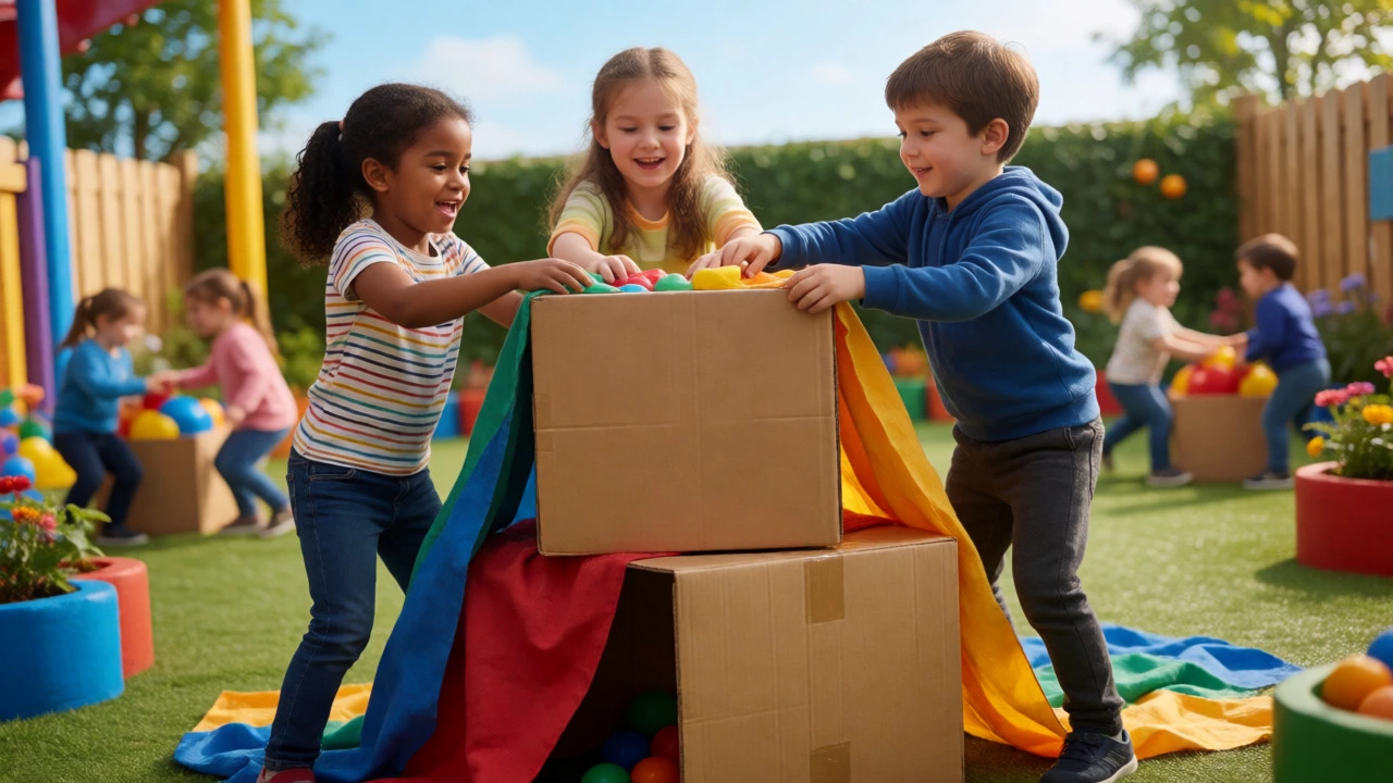 Children cooperating to build a fort with cardboard boxes in a play zone