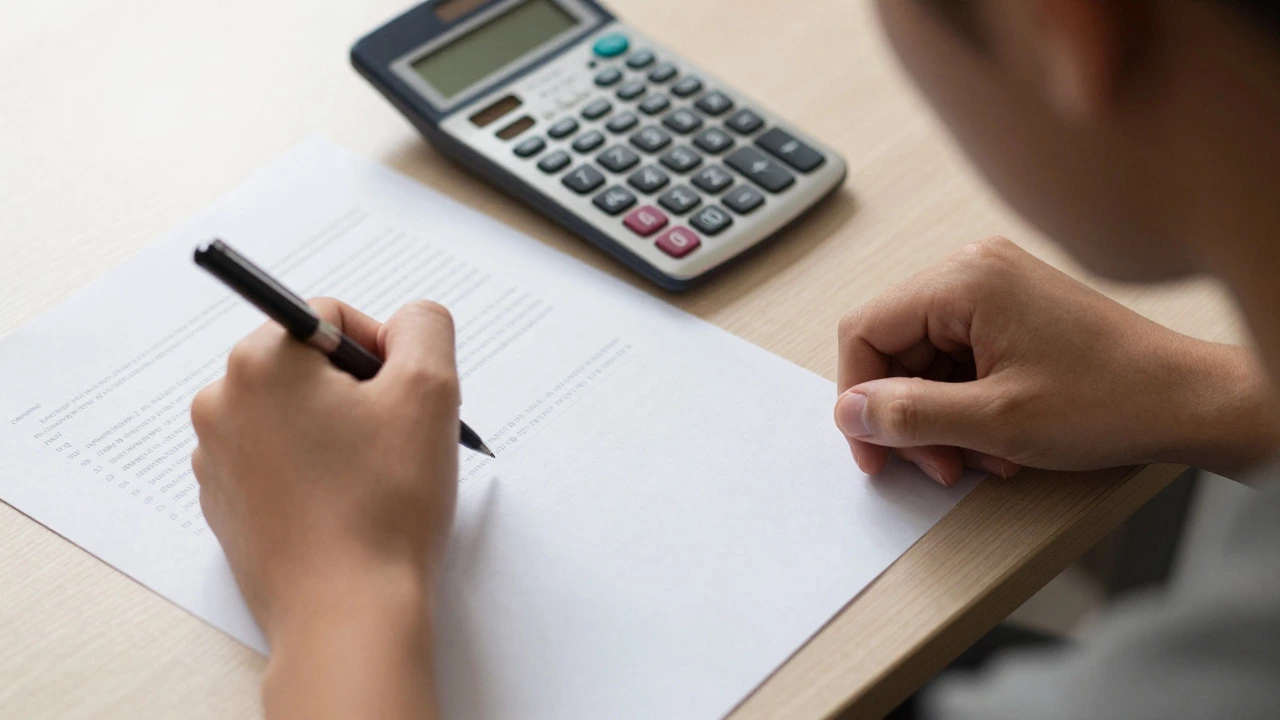Close-up of anxious hands holding a pen over a blank exam sheet with a calculator.