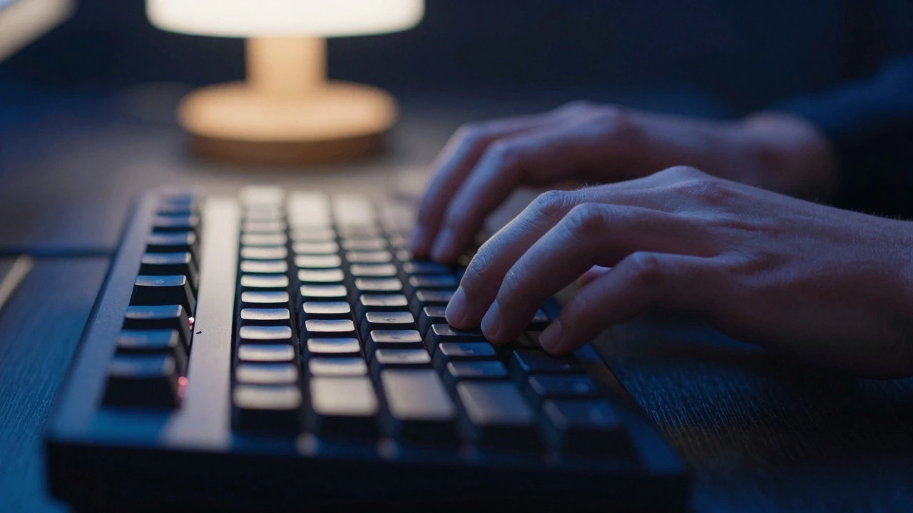 Close up of hands typing on a keyboard under cool blue lighting