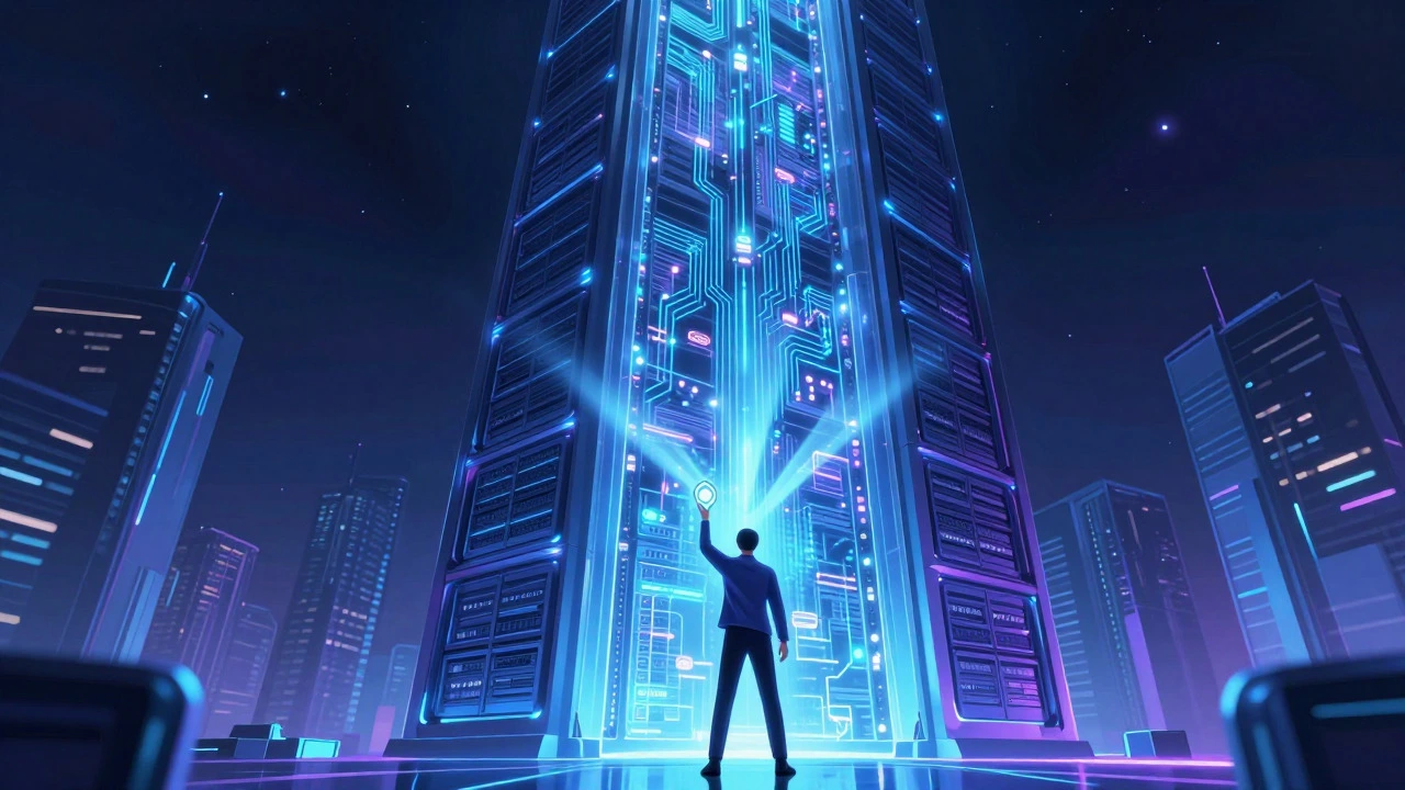 Futuristic illustration of a data server tower with a person holding a certification badge