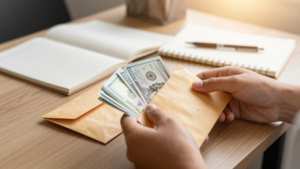 Hands holding cash and an envelope on a study desk