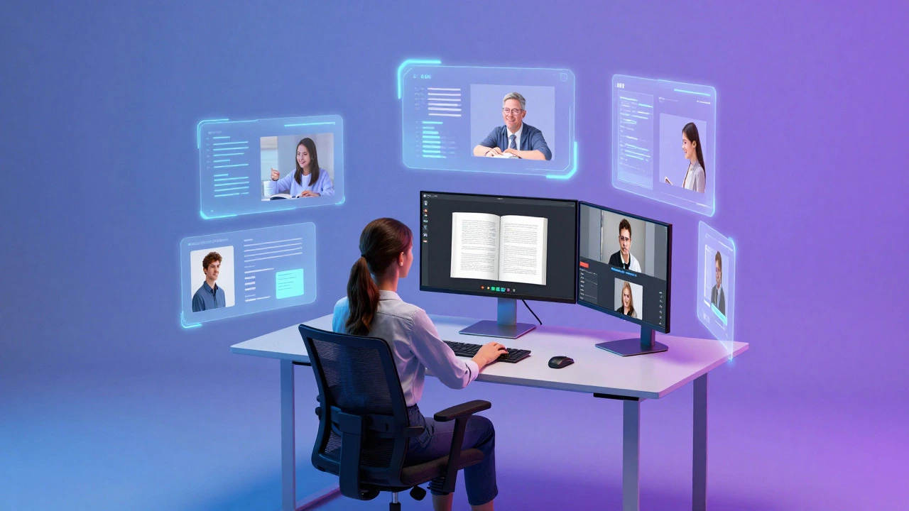 Home office with holographic classmates illustrating hybrid learning models.