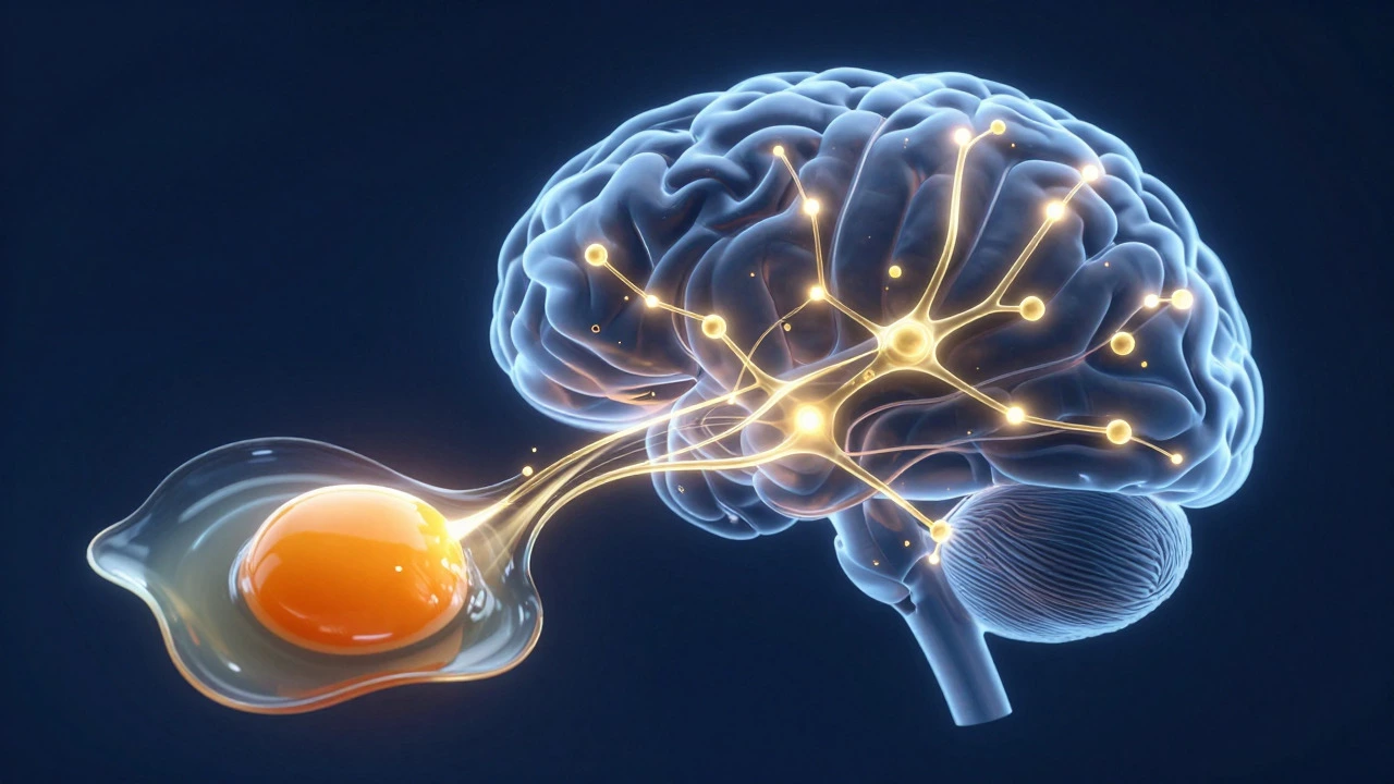Illustration of choline boosting brain neuron connections via egg yolk