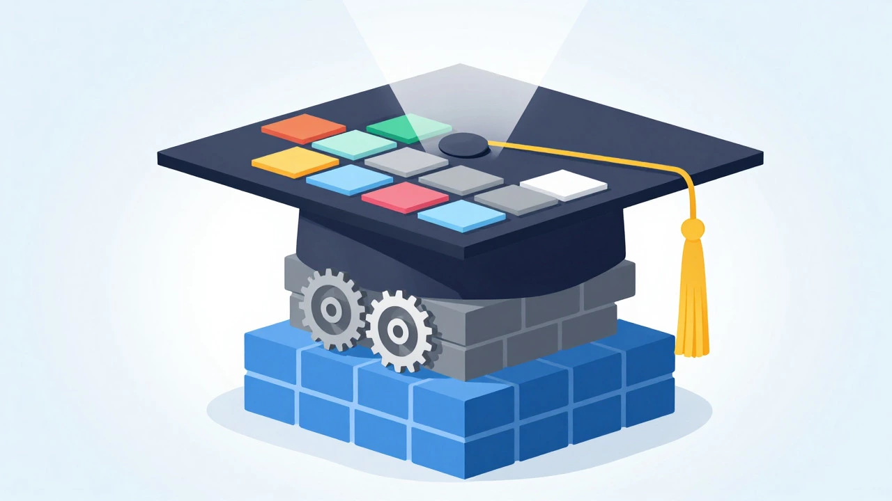 Illustration of stacked funding sources supporting a graduation cap