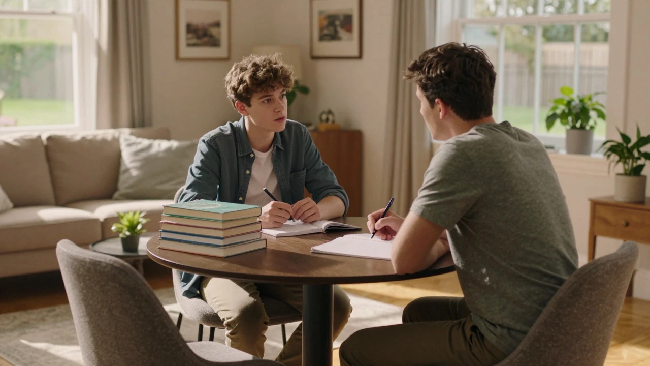 Parent and student discussing academic progress at a table in a warm, sunlit living room