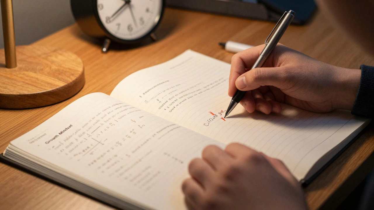 Student analyzing errors in notebook with determined focus