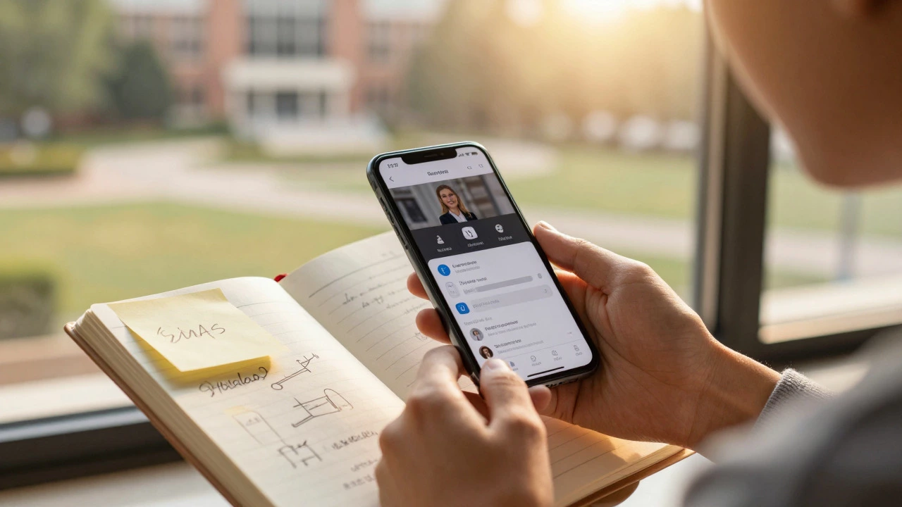 Student holding phone and notebook with campus view in background.